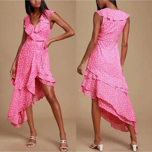 Lulu’s Pink Floral Cornelia Wrap Ruffled Midi Dress S
